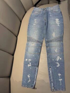 🚩steal Balmain Light Blue Distressed Rhinestone Skinny Jeans